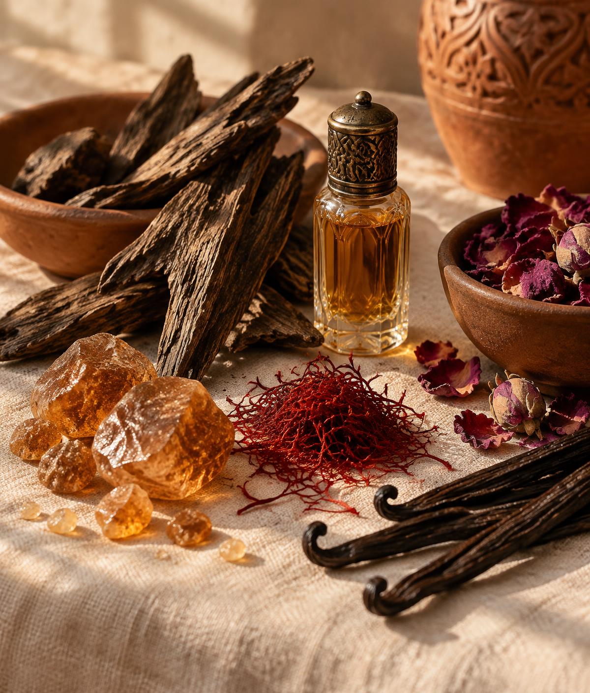 Oud, âmbar, açafrão, pétalas de rosa e baunilha ao lado de um frasco de óleo perfumado